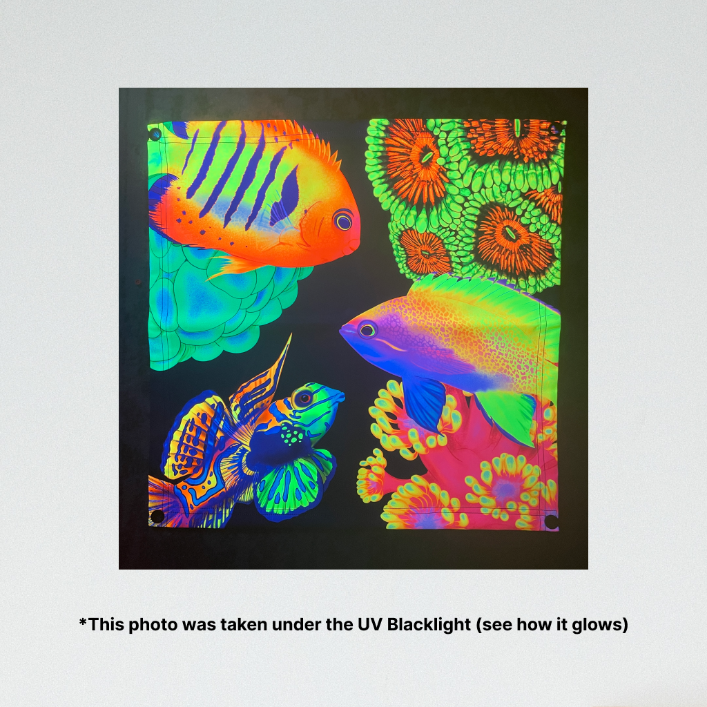 Fish and Corals UV Blacklight Tapestry - Reef of Clowns
