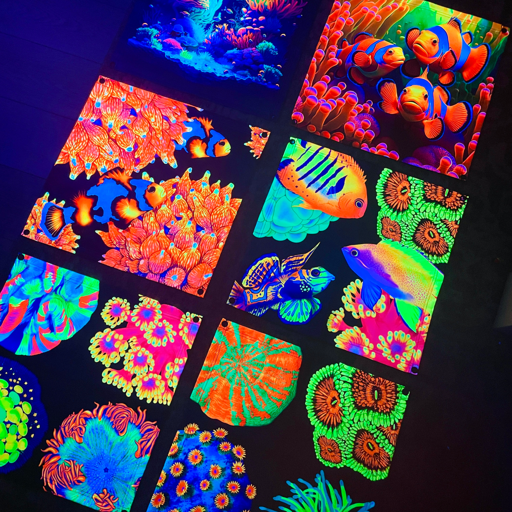 Vibrant Corals (V2) UV Blacklight Tapestry - Reef of Clowns