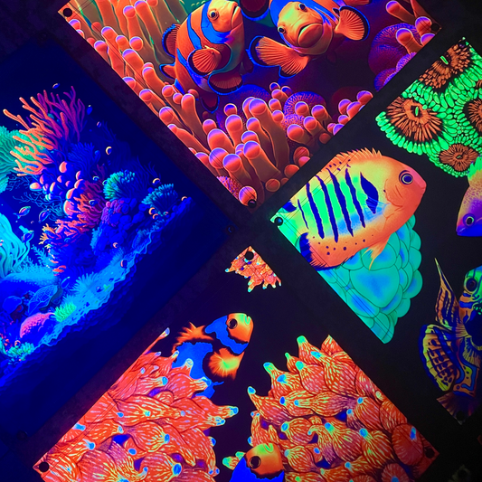 Fish and Corals UV Blacklight Tapestry - Reef of Clowns
