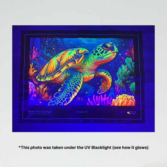 Turtle in the Coral Reef UV Blacklight Tapestry - Reef of Clowns LLC